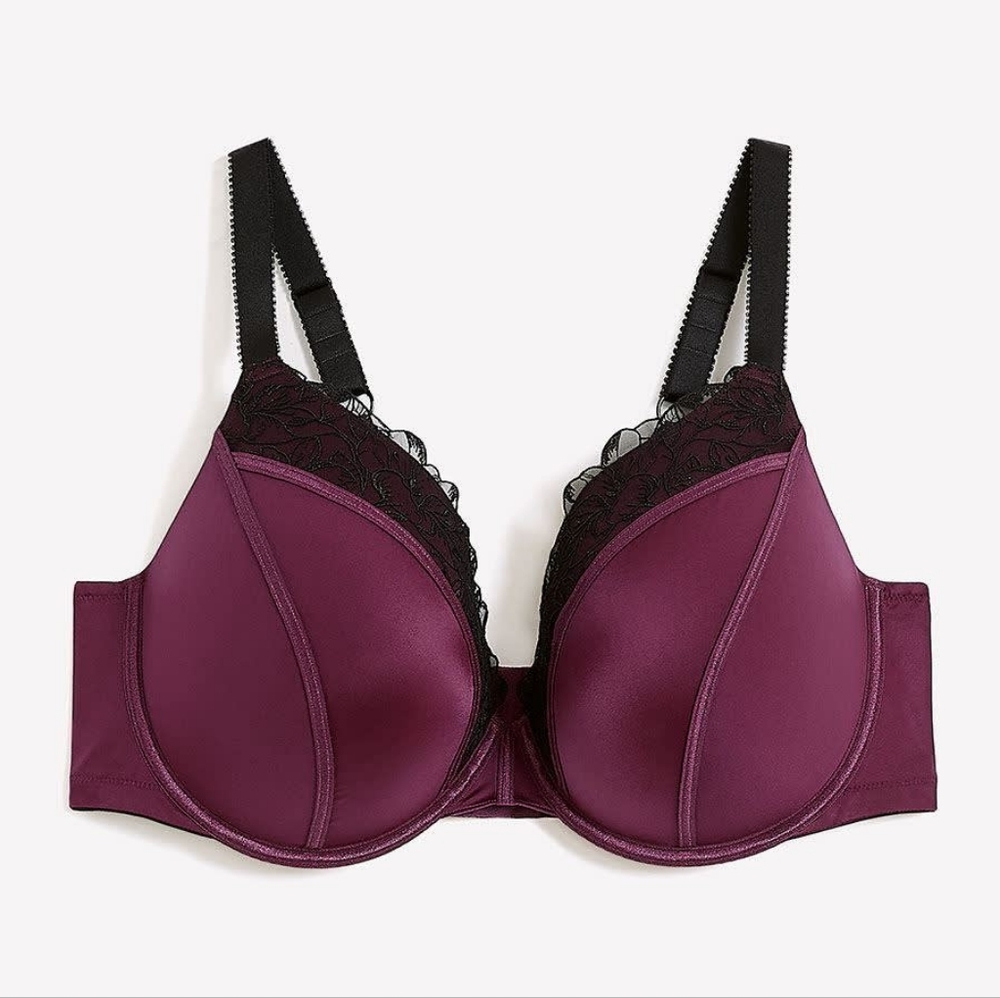 Deesse Underwire Padded Push-Up Plunge Satin Bra Purple Black Lace Size 40DDD